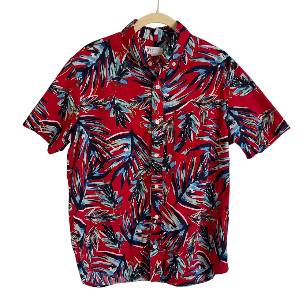 GAP Mens Medium Standard Fit Short Sleeve Button Down Shirt Red Tropical Print